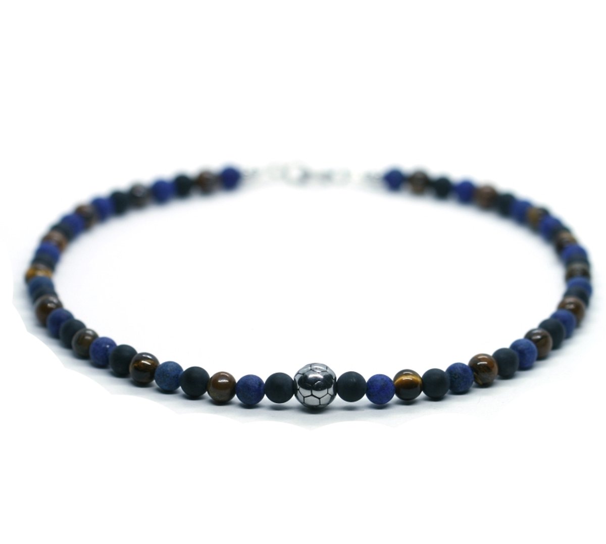 IbizaMen kids - Jongens - ketting - voetbal - RVS - edelsteen - lapis lazuli - 6mm - 36cm