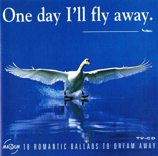 Een witte zwaan met wijd gespreide vleugels, springend uit het water. De titel 'One day I'll fly away' staat bovenaan.