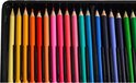 Een set van 288 kleurpotloden in verschillende kleuren, geordend in een zwarte doos. Van links naar rechts: geel, oranje, rood, roze, paars, blauw en groen.