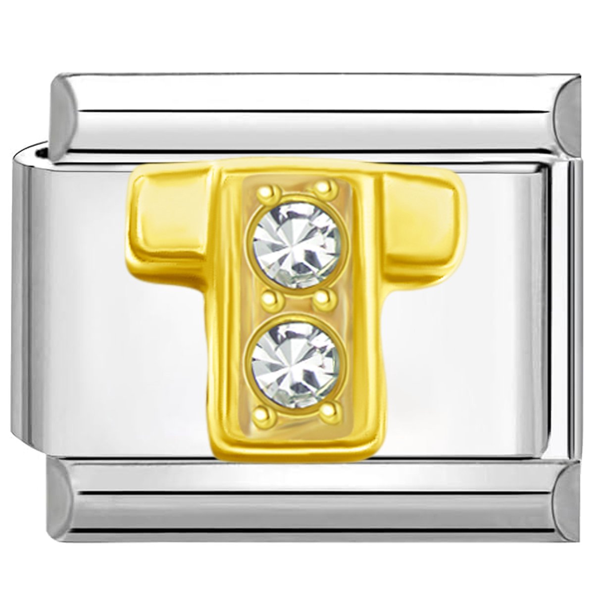 Quiges - Schakel - Bedel - 9mm - charms - Goud - Zirkonia - alfabet - letter T - Geschikt voor - armband - Schakelarmband - italy bedels armband
