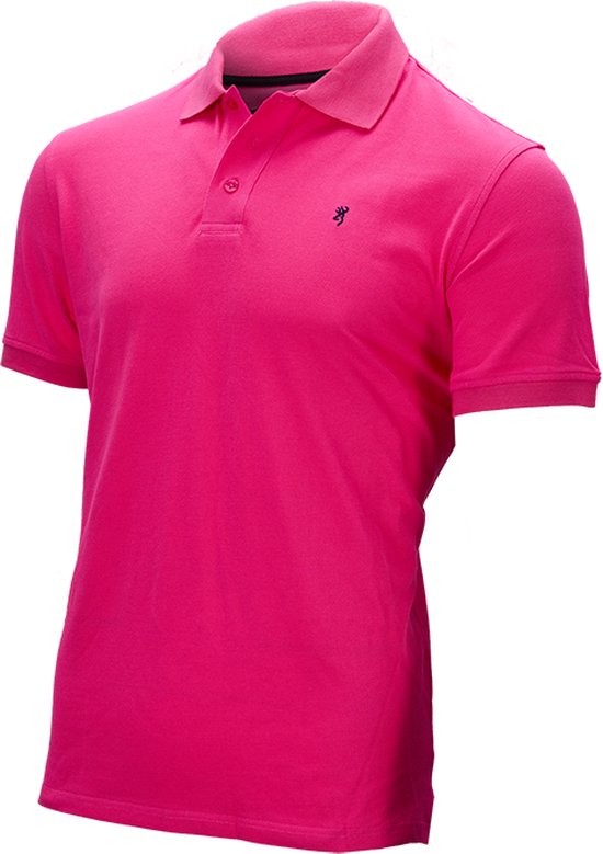 Polo Browning rose, sur un mannequin. Avec col marine et logo brodé.