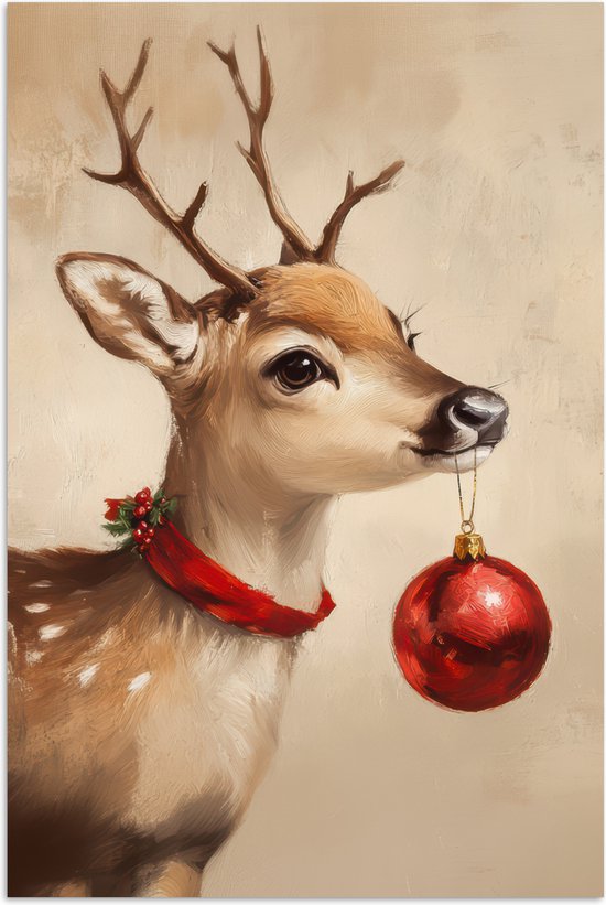 Poster 80x120 cm - Kerst - Hert - Gewei - Kerstbal - Rendier - Posters - Kamer decoratie - Wanddecoratie woonkamer - Muurdecoratie slaapkamer - Kerstversiering - Kerstdecoratie voor binnen - Kerstmis