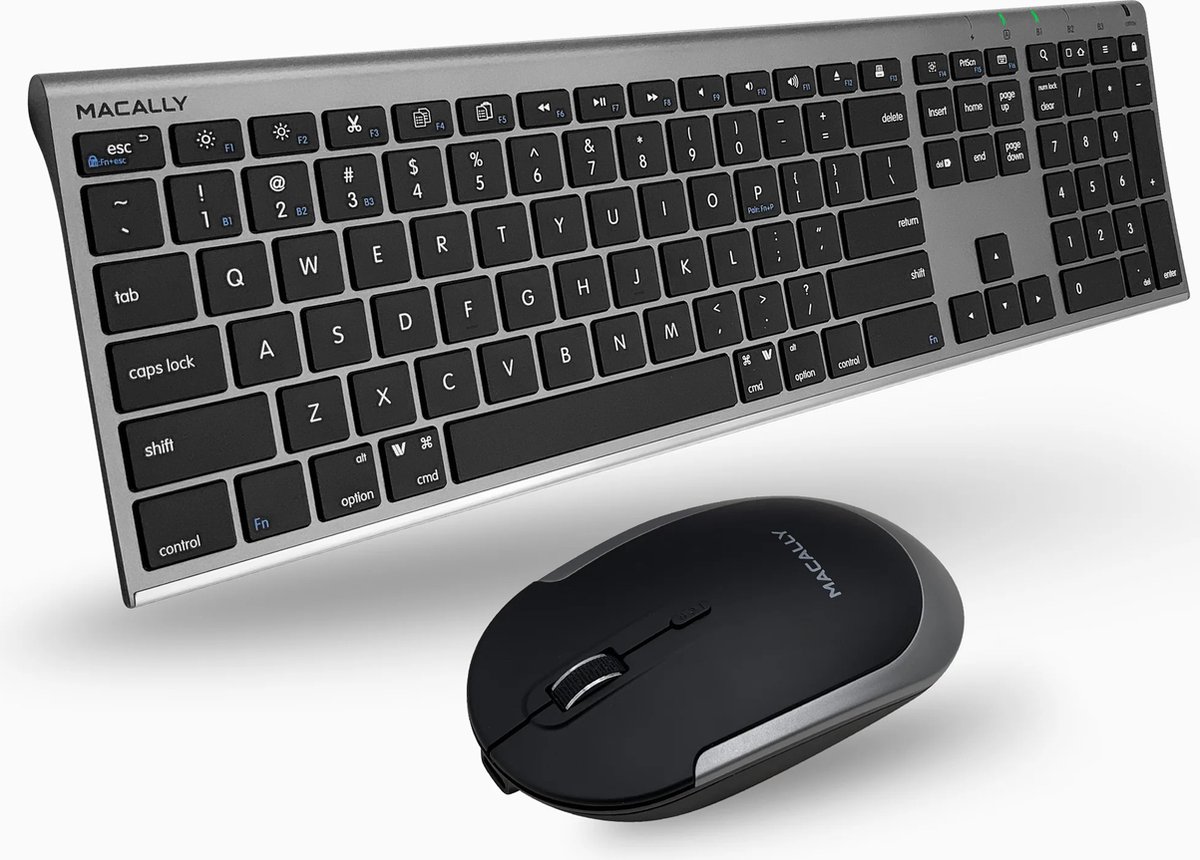 Macally ACEBTKEYSGCB Draadloze Bluetooth toetsenbord en muis combo - Spacegray - US (QWERTY) toetsenbord met zwarte toetsen - Muis met stille knoppen