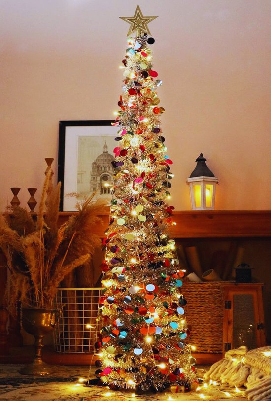 Kunstkerstboom, 150 cm, opvouwbare pop-up lametta kerstboom, voorverlichte kerstdecoratie voor binnen, woondecoratie, groen