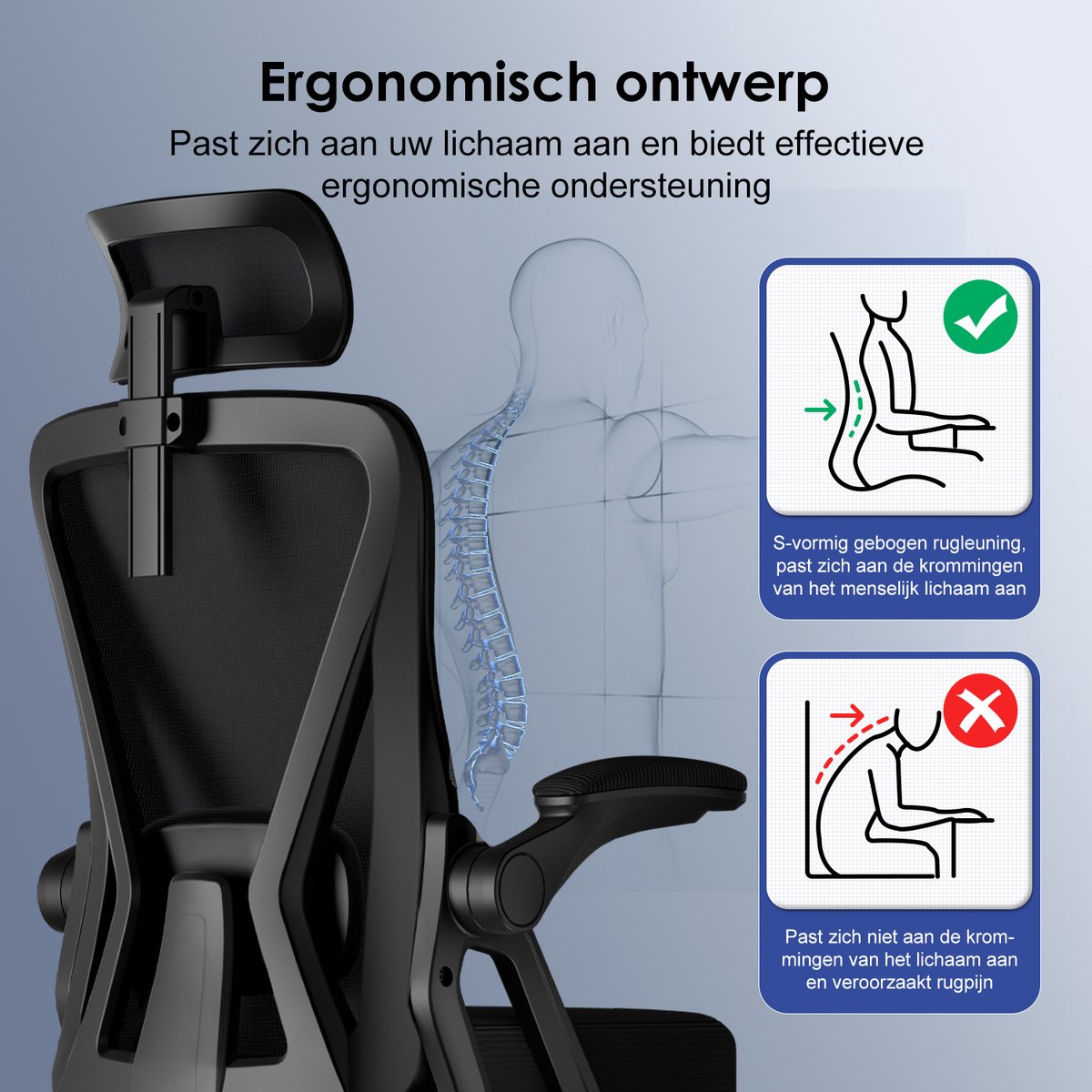 Bureaustoel Hiaonyx - ergonomische stoel voor volwassenen - 4D lendensteun - Opklapbare armleuningen - Vergrendelbare rugleuning - Met stille wielen - Kantelbaar tot 135° - Zwart – foto 6