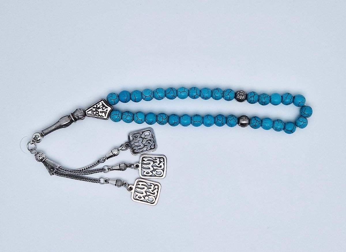 Handgemaakte tesbih "tasbih" natuursteen " Turkoois " - Aantal kralen 33 - Diameter kralen 8 MM - met metaal tassel "model 4" - Een mooi cadeau-idee