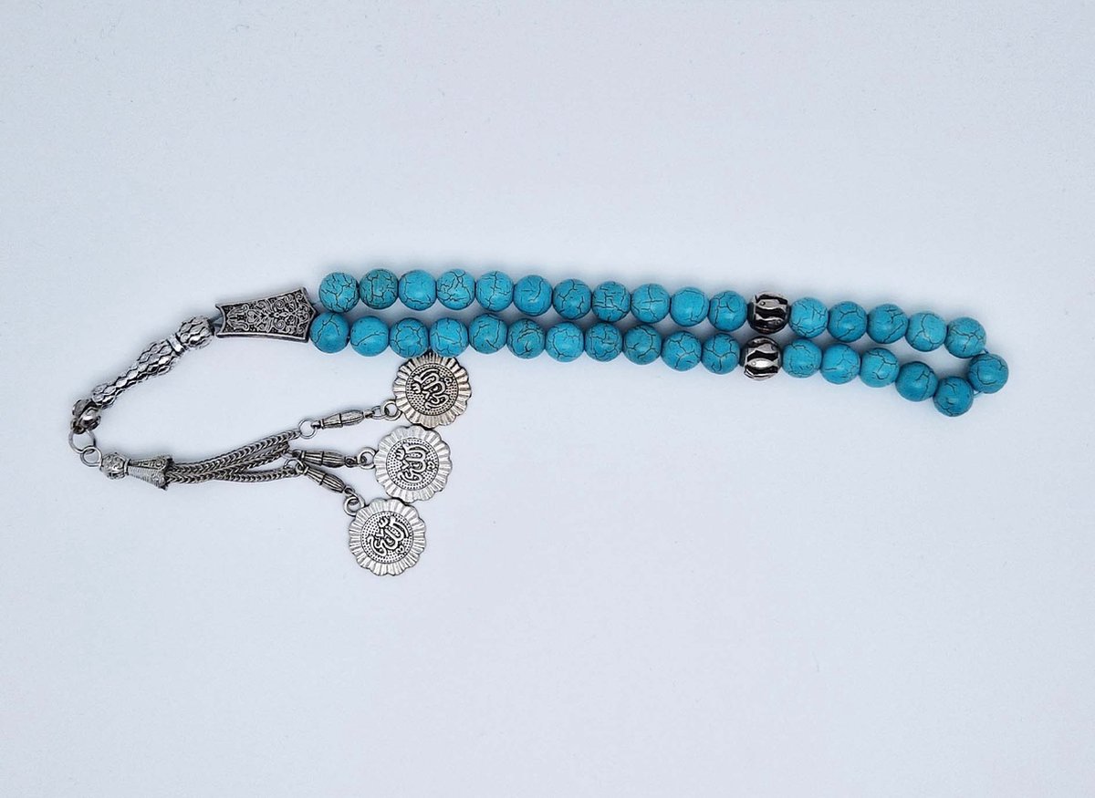 Handgemaakte tesbih "tasbih" natuursteen " Turkoois " - Aantal kralen 33 - Diameter kralen 10 MM - met metaal tassel "model 2" - Een mooi cadeau-idee