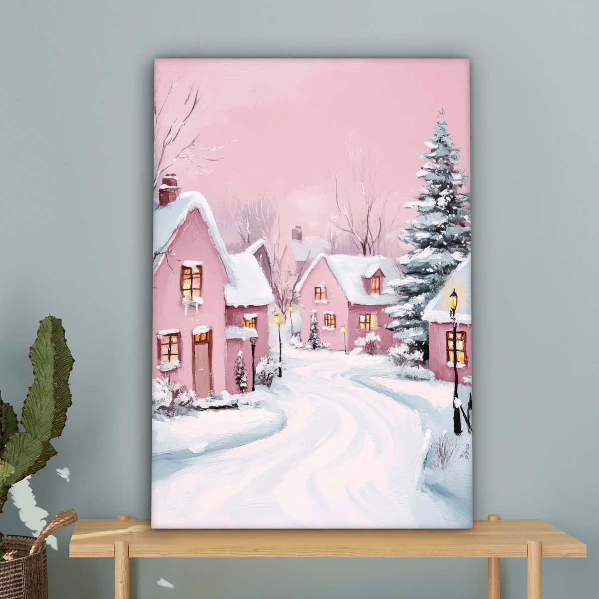 Canvas schilderij 60x90 cm - Wanddecoratie Kerstdorp - Roze - Winter - Sneeuw - Huizen - Muurdecoratie woonkamer - Slaapkamer decoratie - Kamer accessoires - Schilderijen op canvas - Kerstdecoratie voor binnen - Kerstversiering - Kerstmis versiering – foto 3