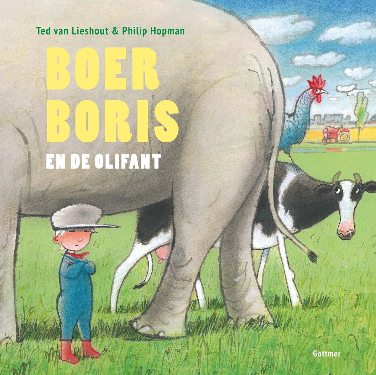 Boer Boris en de olifant; Boer Boris, een olifant, een koe en een haan op een grasveld.