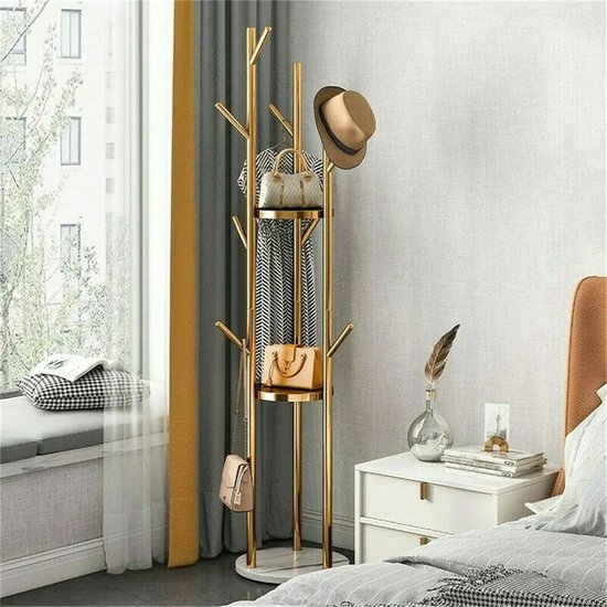 LOFTPLUS Metaal Kapstokken Vrijstaand Kapstok - 150 cm Kledingrek voor Het Ophangen van Kleding, Hoeden en Tassen, Kapstok voor Entree, Woonkamer, Slaapkamer, Kantoor (Goud