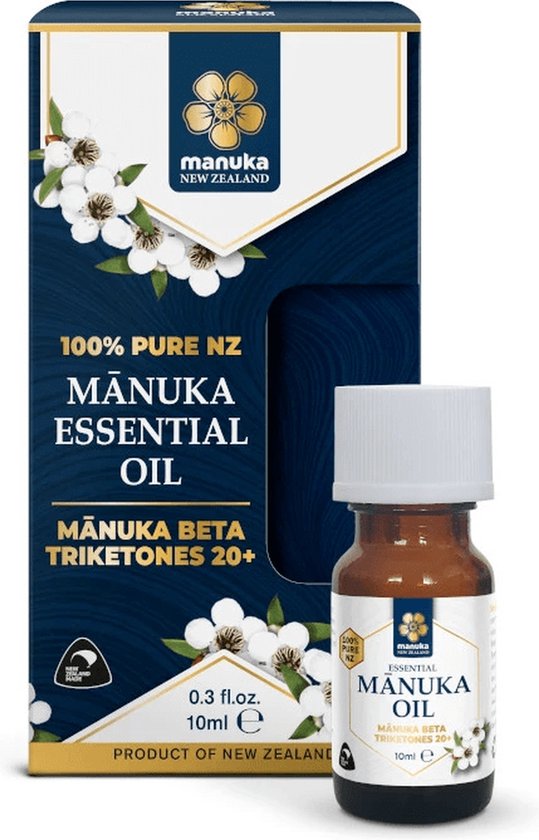 Flesje Manuka etherische olie (10ml) met doos, versierd met witte Manuka bloemen en blauwe details.
