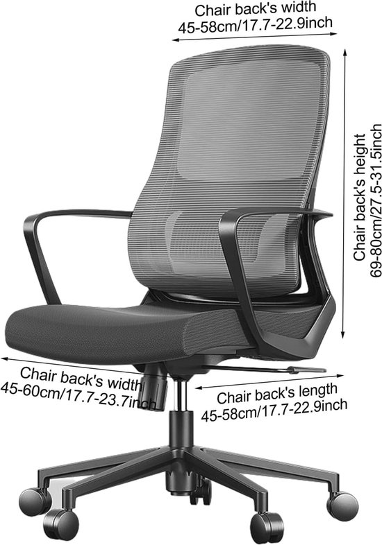Wasbare en elastische zwarte hoes voor bureaustoel, geschikt voor de meeste bureaustoelen van 38 tot 48 cm