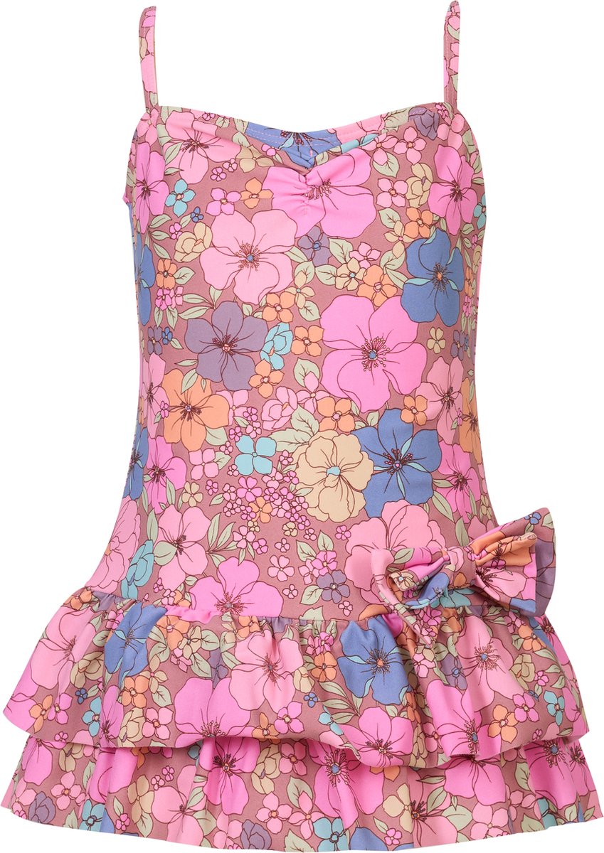 La V Badpak met bloemen - Oude roze 140-146