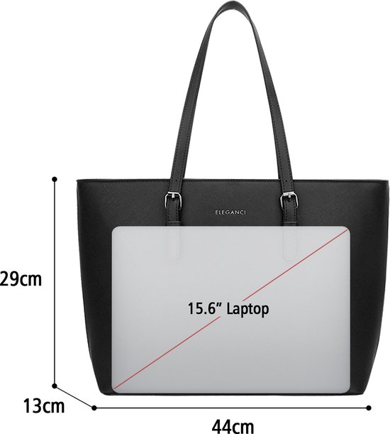 Zwarte Eleganci shopper met afmetingen 44cm breed, 29cm hoog en 13cm diep, met een 15,6 inch laptop erin.