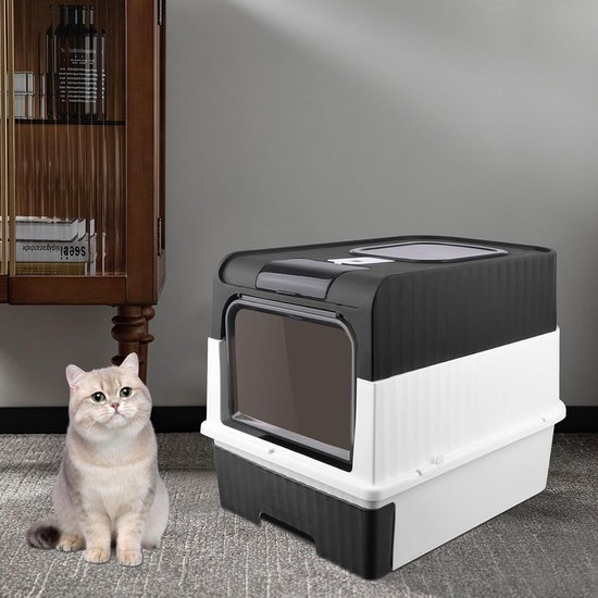 Kattenbak voor grote katten, XXL, filter en schep, gesloten en gemakkelijk te reinigen, kattentoilet, kattentoilet, kattenbak, kattenbak (B, zwart