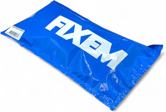 Blauwe plastic verpakking met het witte logo "FIXEM" erop.