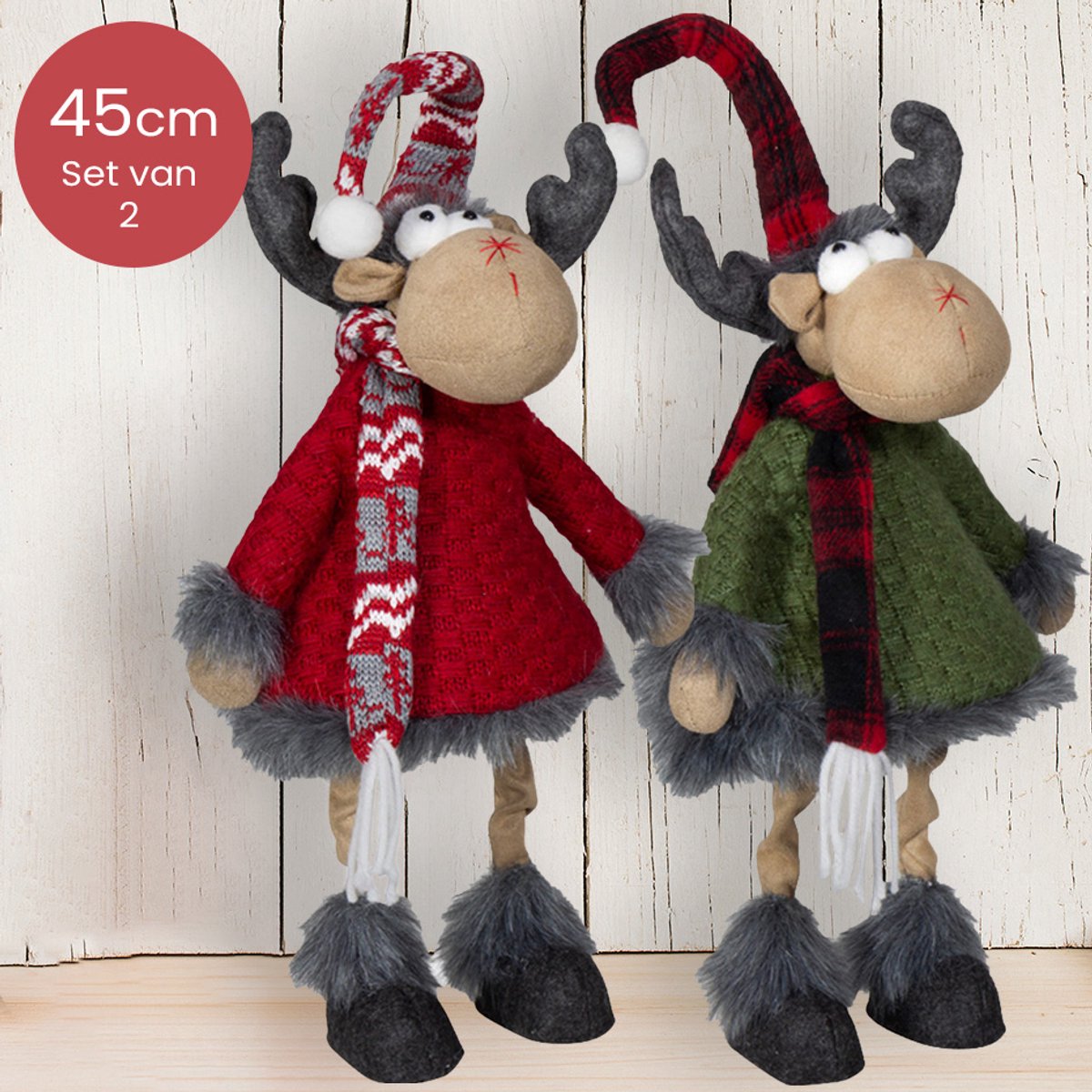 Handgemaakt Rendieren-duo met rood/groene jas en sierlijke sjaal/muts - 45(55)cm
