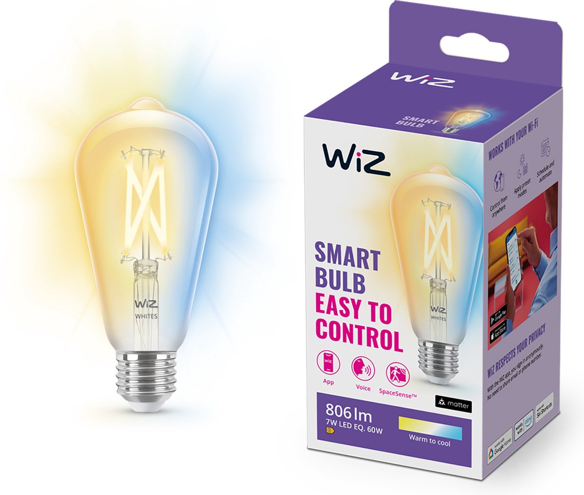 WiZ Filament Lamp Edison - Warm- tot Koelwit Licht - Slimme LED Verlichting - E27 fitting - 60W - Transparant - Wi-Fi