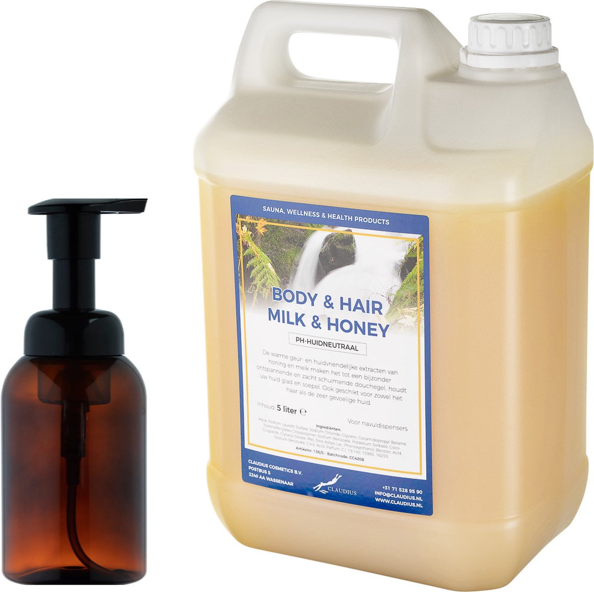 Goedkoopste Zeepdispenser 300 ml amber bruin hervulbaar 5 liter Body & Hair Milk & Honey navulling