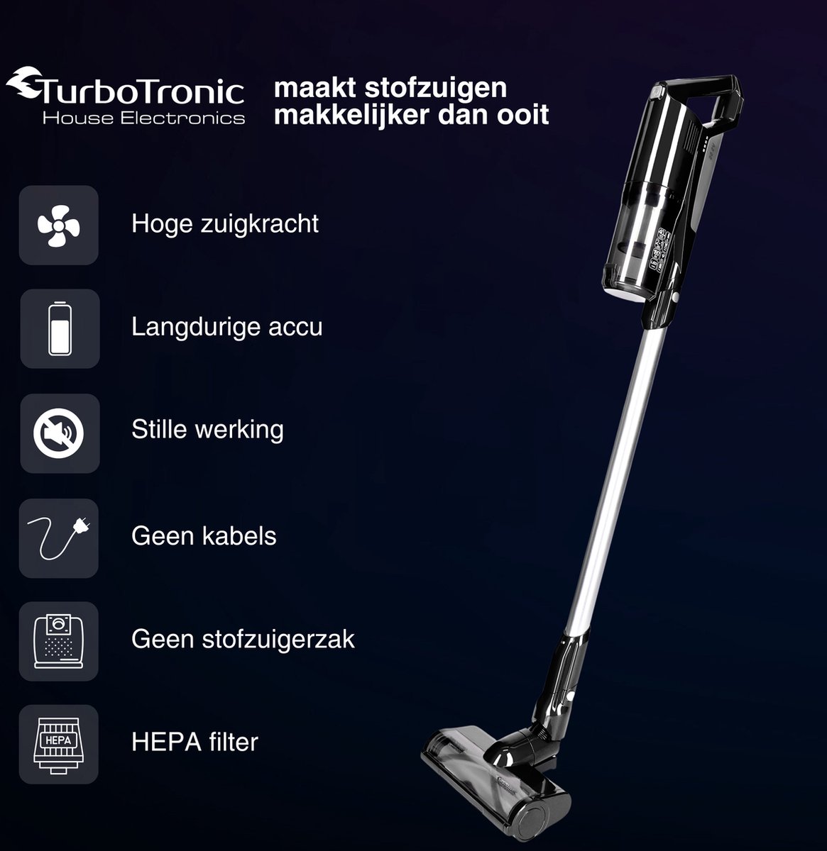 TurboTronic C26 Draadloze Steelstofzuiger met Handstofzuiger- Kruimeldief - Zwart – foto 5