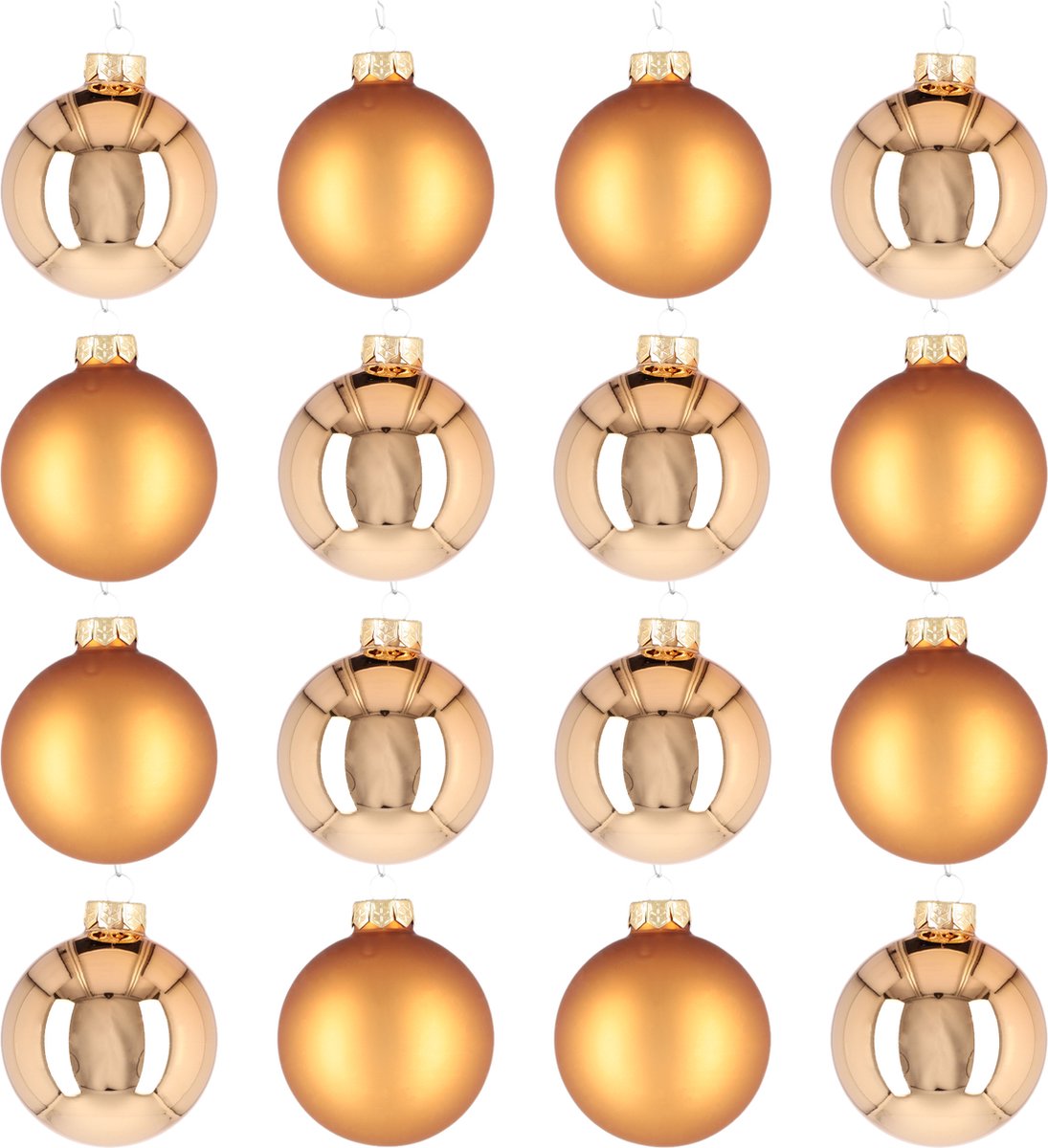 Glazen kerstballen - Set van 16 stuks/80mm - Luxe kerst decoratie - Sfeervolle kerstversiering voor in de kerstboom - Glas - Koper Combi - Mat/Glanzend Goud