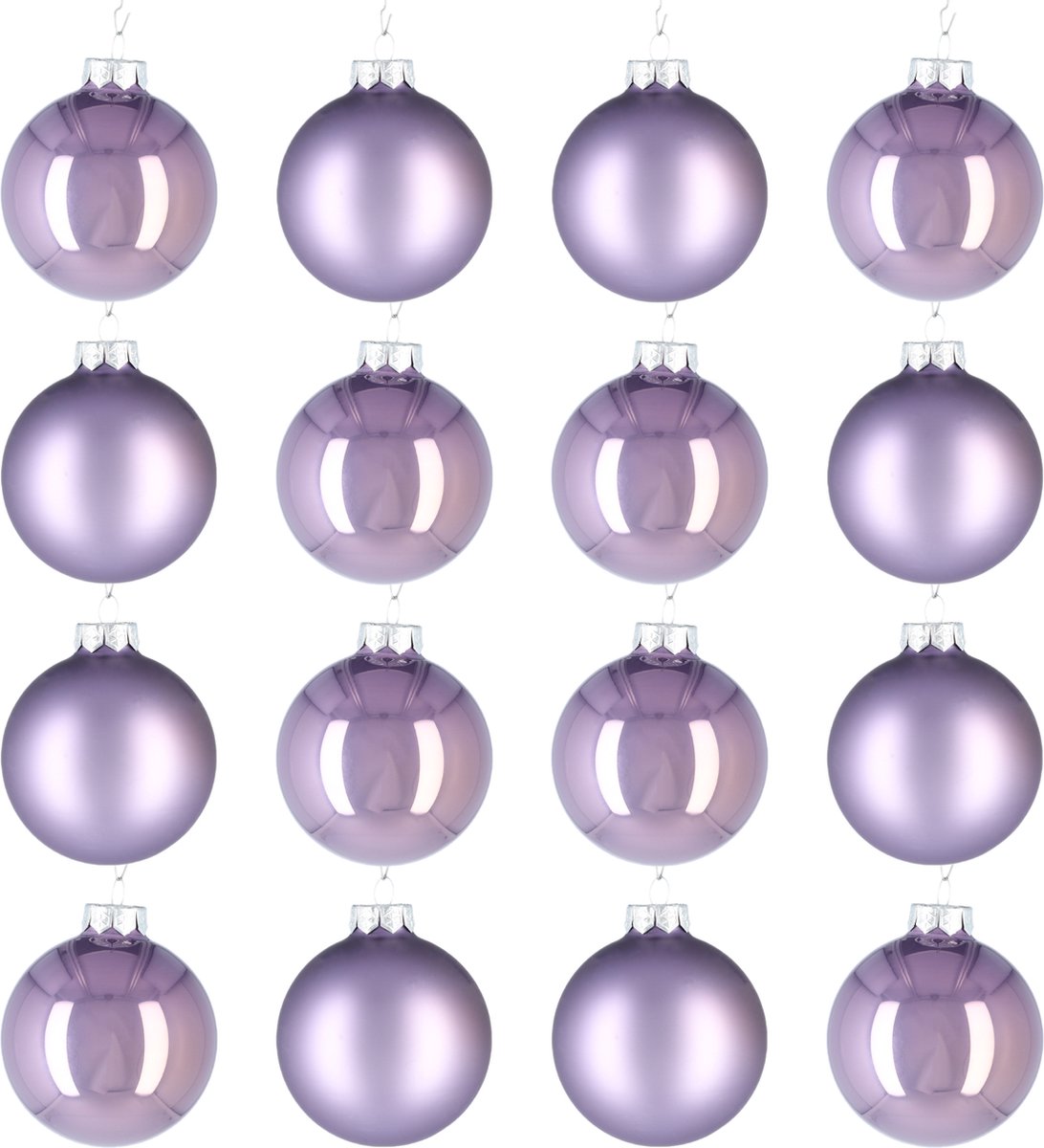 Glazen kerstballen - Set van 16 stuks/80mm - Luxe kerst decoratie - Sfeervolle kerstversiering voor in de kerstboom - Glas - Frosted Lilac - Donkerpaars