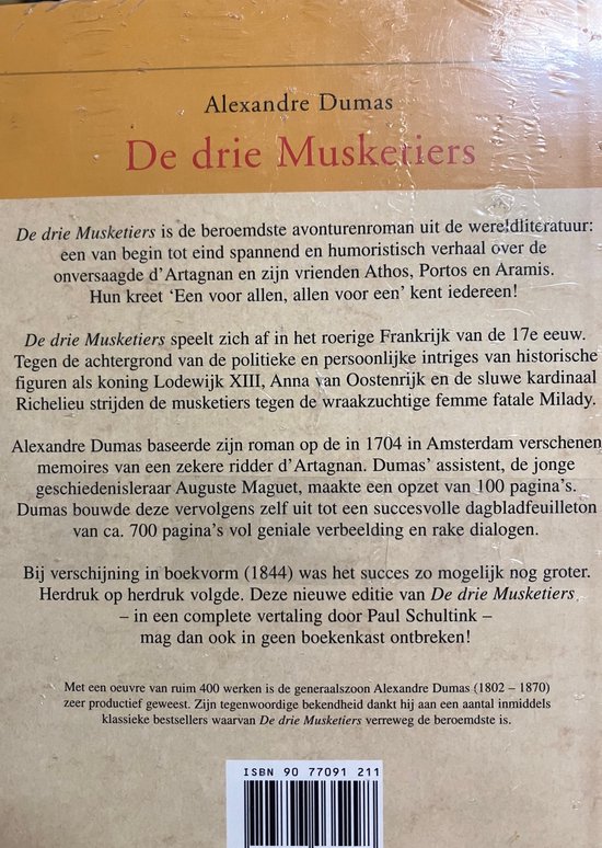 Achterkant van het boek "De drie Musketiers" van Alexandre Dumas met de ISBN-barcode.