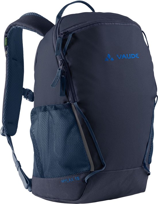Donkerblauwe rugzak met zijvak van mesh, reflecterende details en Vaude logo.