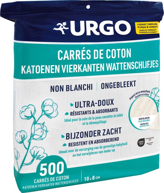URGO Coton Cotons Maquillage - Peaux Sensibles de Bébé - Ultra-Doux & Absorbants - 500 Pièces - 10 x 8 cm