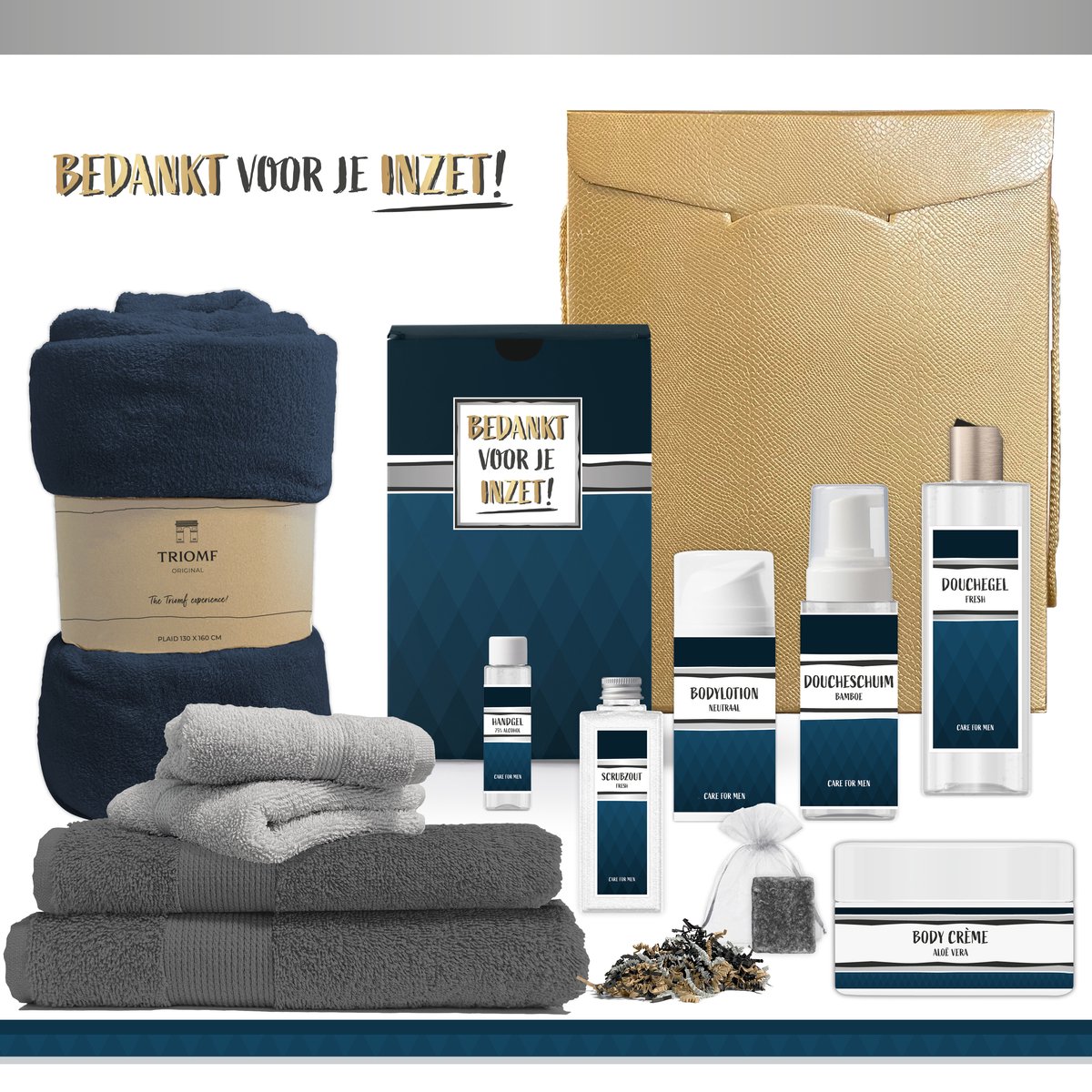 Goedkoopste Geschenkset “Bedankt voor je inzet!” - 12 producten - 1910 gram | Luxe cadeaubox voor hem - Wellness Cadeaupakket man - Giftset Kerst - Geschenk Kerst Kerstpakket - Cadeau Pakket - Gift Set Collega Zorgwerker Medewerker Vrijwilliger Coach- Blauw Goud