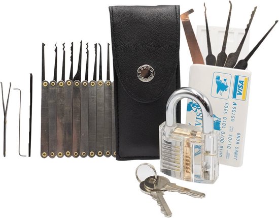 Lockpickset, 37-delige lockpickset met 4 transparante oefensloten en handleiding. Het