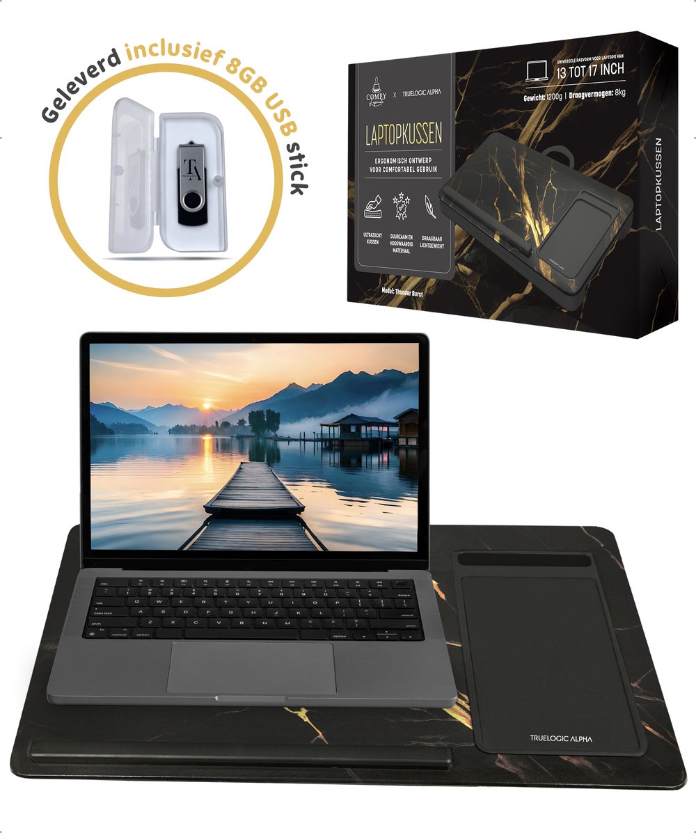 TrueLogic Alpha Laptop standaard - Laptoptafel - Bedtafel - Laptopkussen - Laptopstandaard - Voor laptops t/m 17 inch - Geleverd inclusief 8GB USB stick - Thunder Burst