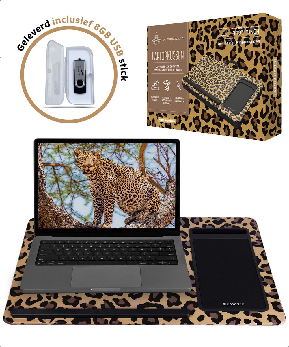 TrueLogic Alpha Laptop standaard - Laptoptafel - Bedtafel - Laptopkussen - Laptopstandaard - Voor laptops t/m 17 inch - Geleverd inclusief 8GB USB stick - Leopard Luxe