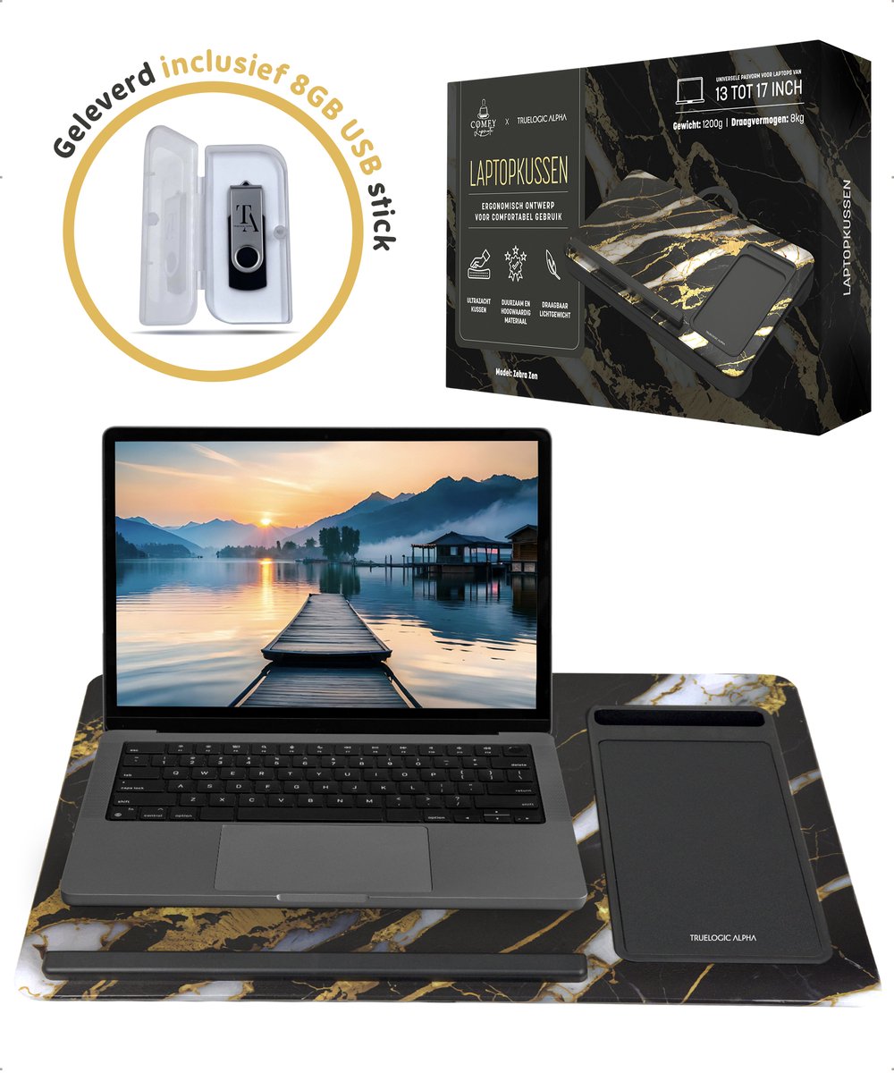 TrueLogic Alpha Laptop standaard - Laptoptafel - Bedtafel - Laptopkussen - Laptopstandaard - Voor laptops t/m 17 inch - Geleverd inclusief 8GB USB stick - Zebra Zen