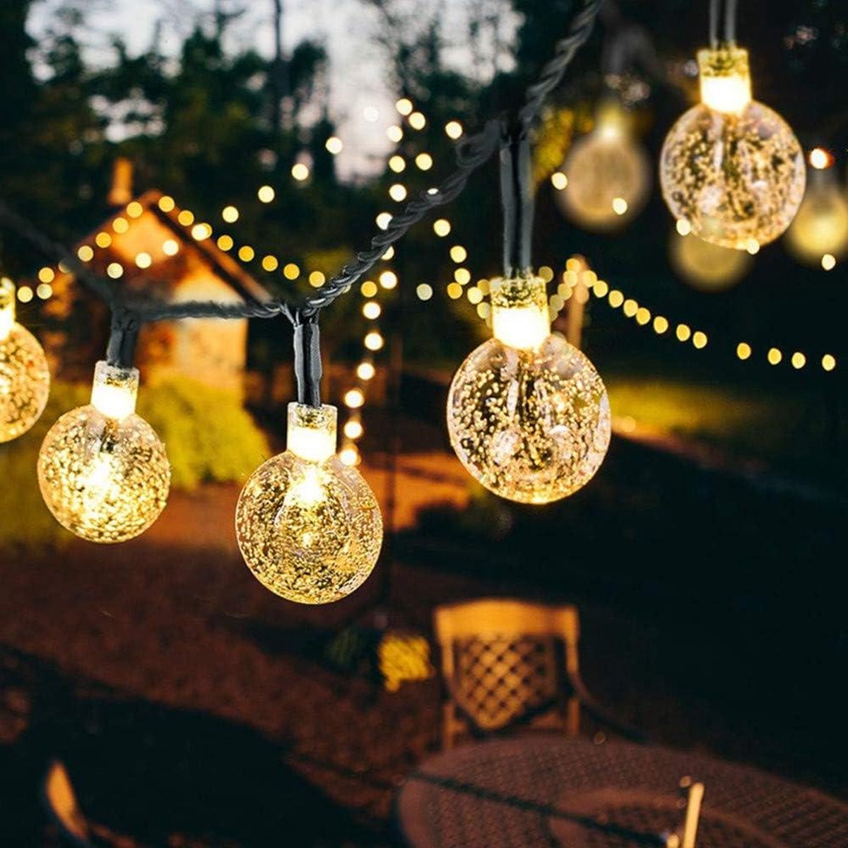 Lichtsnoer 50 leds buiten 95 m waterdicht lichtsensor warmwit decoratie tuin feest - Kerstverlichting met 8 modi kristallen bol Lichtsnoer met 50 warmwitte ledlampjes voor buiten, waterdicht met lichtsensor.