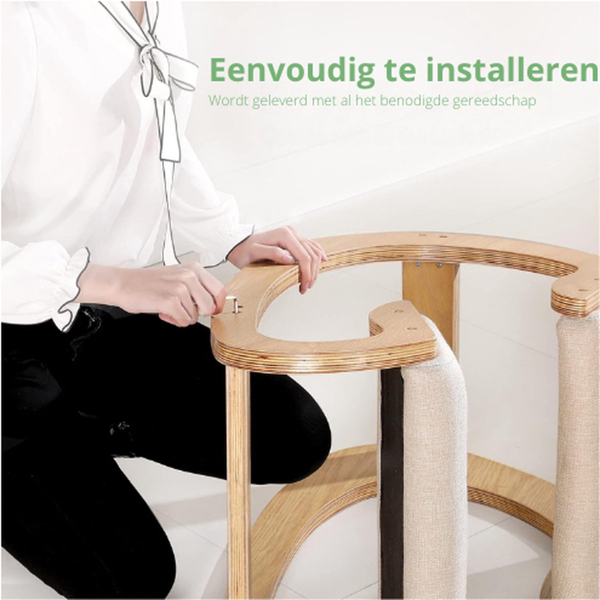 Ergonomische Kniestoel Houten Eik Wit Linnen Stof 8 cm Dik Gevoerd Kussen Kantoor Thuis Schommelende Orthopedische Houding Kruk Rug Knie Ondersteuning 100 kg Capaciteit GRATIS Polssteunen