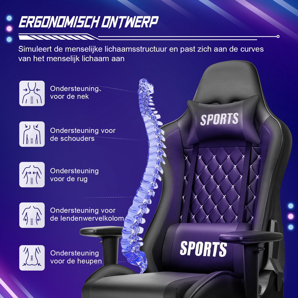 Afbeelding 2 van Hiaonyx gamestoel - gaming stoel met 170° verstelbare rugleuning - In hoogte verstelbare armleuningen Game Stoel - Maximale Belastbaarheid 150kg - Zwart