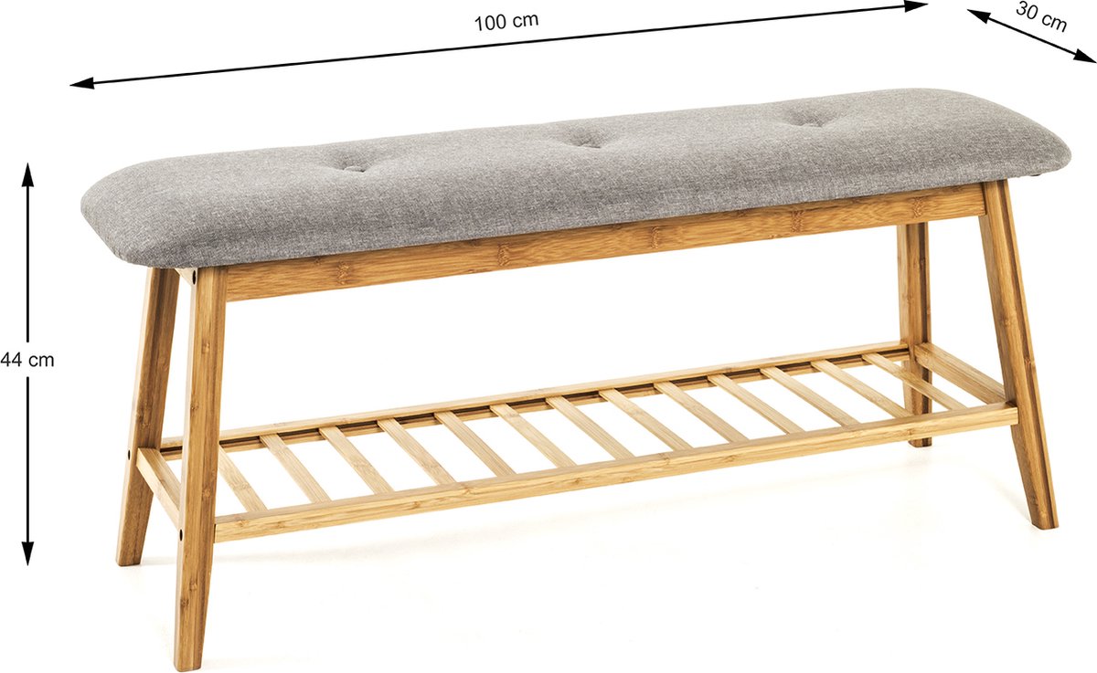 Schoenbank Met Gestoffeerd Zitvlak | Bamboehouten Design - Haku - Schoenenrek - Grijs - Hout; Textiel