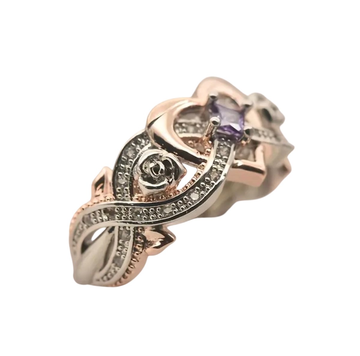 Zilver Rosé met Diamonds - Exclusieve Ring - Hart Ring met Paarse Zirkonia -Diameter 19mm
