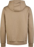 Achterkant van beige hoodie met blauwe capuchonvoering, trekkoord en DENIMFY logo.