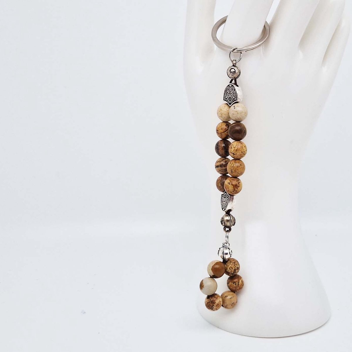 Handgemaakte Natuurstenen Sleutelhanger "Picture Jasper "- Met Natuurstenen hanger - 8 mm diameter van de korrel- Mooie accessoire en decoratie voor de auto-Vaderdag Cadeau -Moderdag Cadeau - Cadeau vrienden