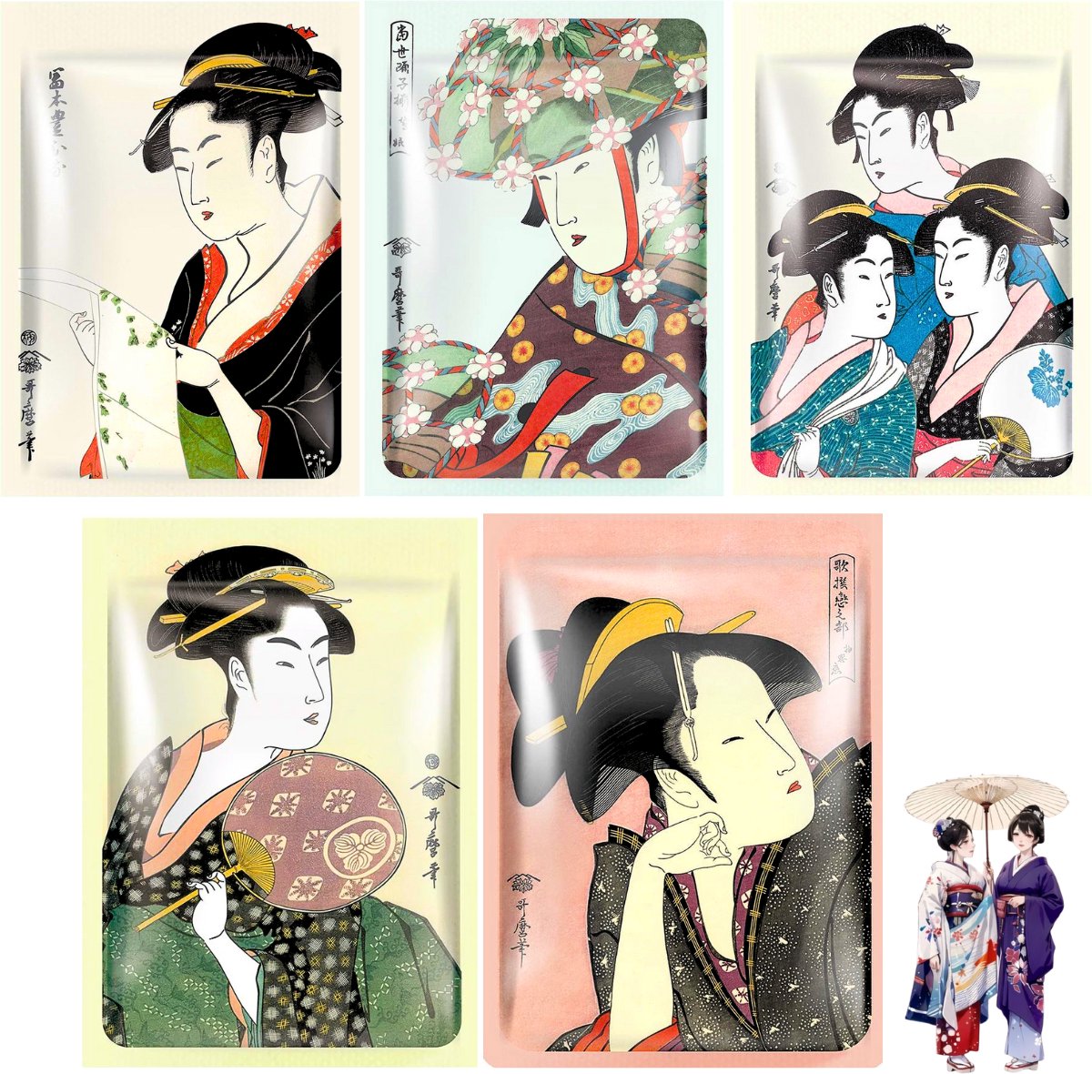 Mitomo - Japanse Gezichtsmasker Set - Luxe Anti Aging Face Mask met Kitagawa Utamaro Kunst - 5 x 25g