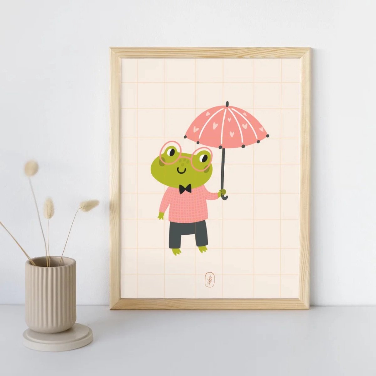 Kinderkamer poster met dieren - Frog and the umbrella | Babykamer | kinderkamer decoratie | Meidenkamer poster met kikker en paraplu | Wanddecoratie | 30x40 cm