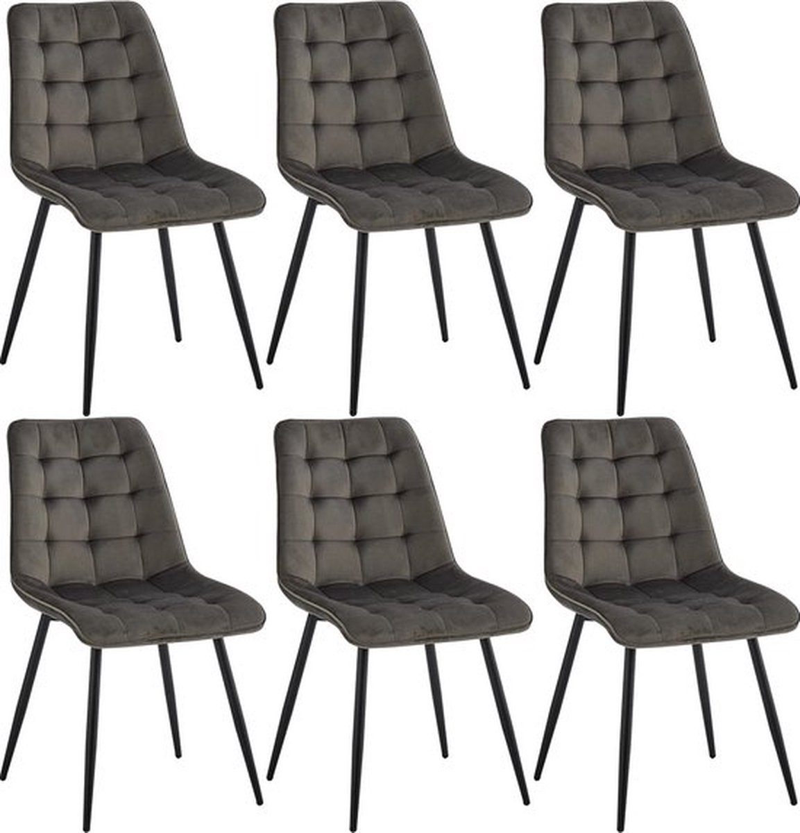 Luxe Eetkamerstoelen – Set van 6 – Metalen Frame – Fluweel Gewatteerd – Modern Design – Extra Stabiel – Stijlvol – Donkergrijs