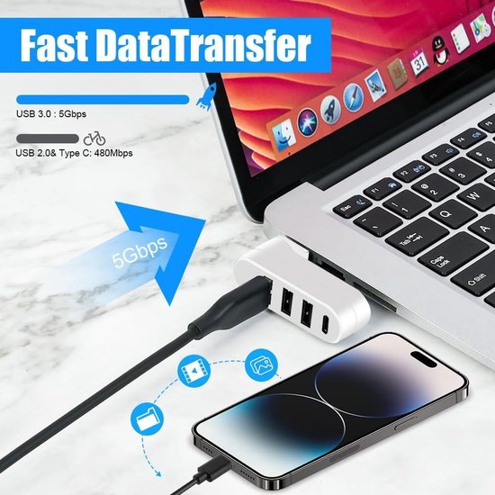 KiWiBiRD Mini-USB-hub met 3 poorten, 1 x USB 3.0, 2 x USB2.0, USB-splitter uitbreiding-adapter voor laptop, MacBook, desktop-pc, compatibel met flashdrive, printer, toetsenbord, muizen, headset
