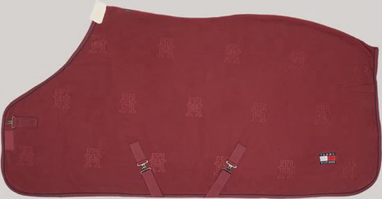 Rode paardendeken met herhalende TH monogrammen, gespen en Tommy Hilfiger label.