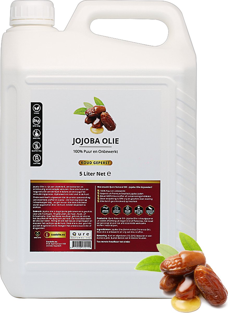 Goedkoopste Jojoba Olie 5 Liter Jerry Can Voordeelverpakking | Biologisch | 100 Puur & Onbewerkt | Jojobaolie voor Gezicht, Haar en Lichaam | Huidolie | Haarolie