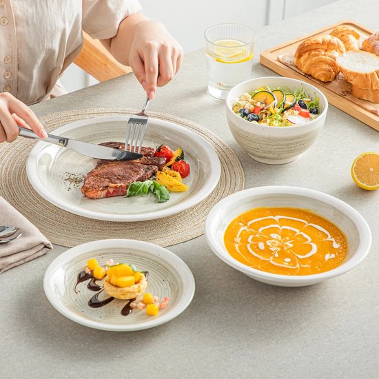 Service de table de Luxe - 16 pièces - 4 personnes - Porcelaine - Service d'assiettes - Assiettes à dîner - Assiettes à dessert - Bols - Bol à pâtes - Beige