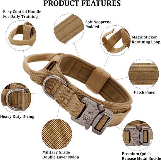 Collier tactique pour chien avec poignée réglable pour Chiens de taille moyenne et grande