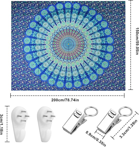 Grande tapisserie 200 x 150 cm, tapisserie mandala en tissu bohème hippie, couverture bohème soleil et lune, art mural pour décoration de la maison, chambre, dortoir, salon, plage (Mandala D)